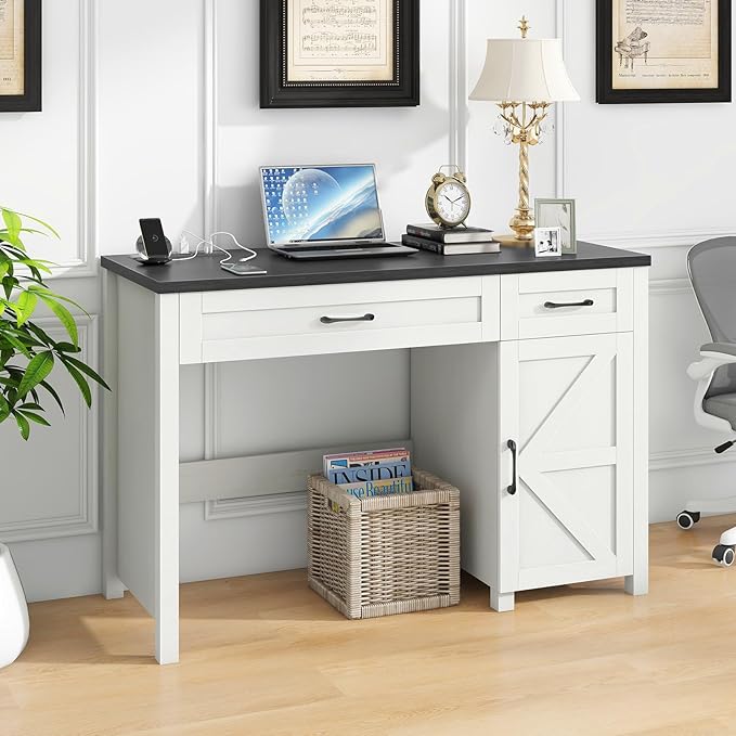 Vabches Farmhouse 47 Executive Desk Computer Desks with Drawers and Storage Cabinet Workstation Computer Desk for Home Office Study.(Black).