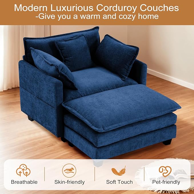 Furniliving Oversized Accent Chair with Ottoman Luxury Chenille Single Sofa Upholstered Deep Seat Chaise Lounge with Pillows for Living Room Bedroom Apartment Blue