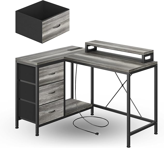 Garvee L Shaped Computer Desk with Power Outlets LED Lights Drawers Shelves Corner Gaming Desk Home Office Workstation Modern Ergonomic Design Oak