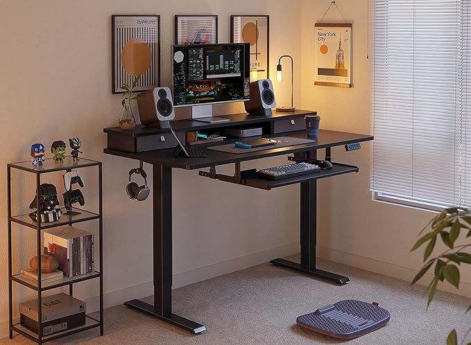 FEZIBO Standing Desk with Drawers and Keyboard Tray 48×24 Electric Height Adjustable Table with Monitor Shelf Computer Home Office Sit and Stand up Workstation Black