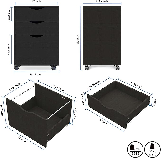 QDSSDECO 3 Drawer Mobile File Cabinet Rolling Vertical Filing Cabinet fits A4 Legal Paper and Letter Paper for Home Office Black