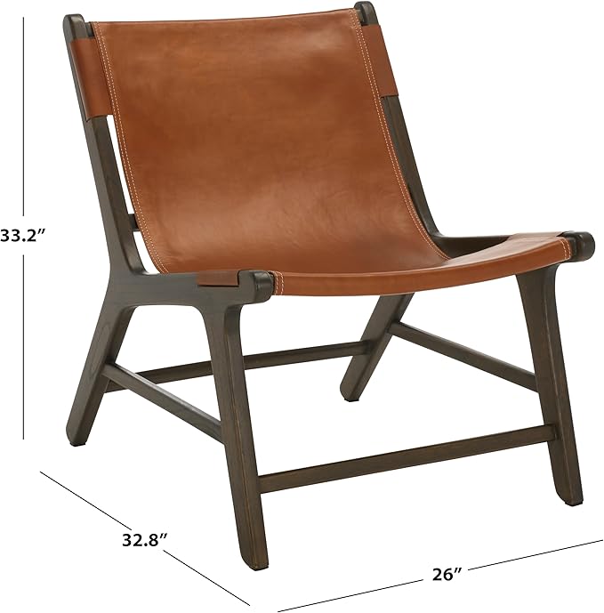 SAFAVIEH Couture Collection - Alanarose Walnut Brown Solid Teak Wood Accent Chair Modern Sling Style Leather Seat Fully Assembled (SFV1903B)