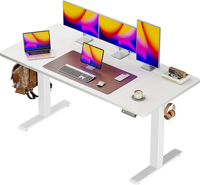 Huuger 55 x 28 Large Electric Standing Desk Height Adjustable Copmuter Desk 27.6 Deep Desktop Stand up Gaming Office Table with 2 Hooks 3 Preset Heights for Home Office White