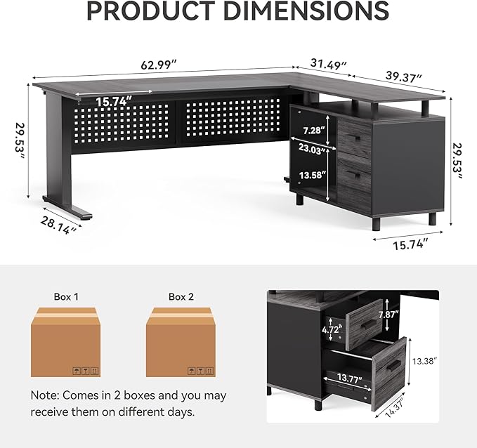 LITTLE TREE Large Computer Desk with File Cabinet 63 Inch Executive Desk L Shaped Office Desk with Drawers and Storage Shelves Business Furniture Desk Workstation for Home Office
