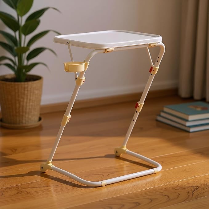 Homy Casa Adjustable Z Shaped Study Desk with Cup Holder Space Saving Portable Laptop Foldable Table for Home Office Living Room &amp Bedroom Sturdy Metal Frame &amp PP Top White