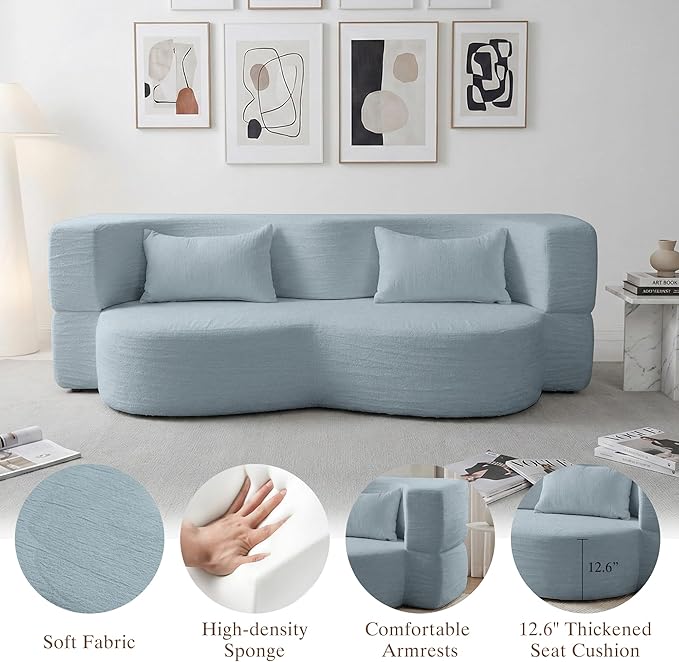 Convertible Sofa Bed 78'' Queen Size Folding Sleeper Sofa with Pillow 2-in-1 Teddy Fabric Boneless Loveseat Floor Couch &amp Mattress for Living Room Guest Room No Assembly Required (Blue)