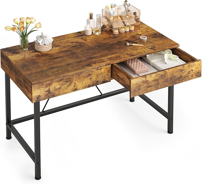 VERMESS 40 Inch Solid Wood Desk with Drawers Small Computer Desk for Small SpaceModern Makeup Vanity Desks No Mirror Writing/Study/Work Table for Home Office Kids Desks for Bedroom Rustic Brown