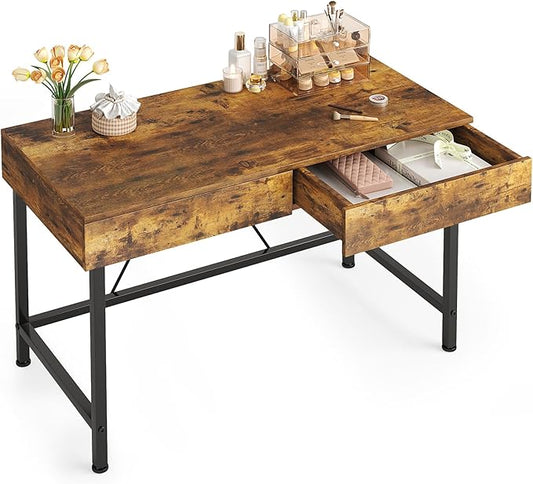 VERMESS 40 Inch Solid Wood Desk with Drawers Small Computer Desk for Small SpaceModern Makeup Vanity Desks No Mirror Writing/Study/Work Table for Home Office Kids Desks for Bedroom Rustic Brown