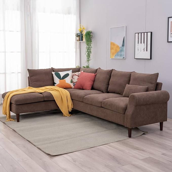 Panana Upholstered Sofa Couch Linen Fabric/Artificial Leather L Shaped Corner Sectional Modern Living Room Sofa (Brown Linen 6 seat Left Corner with Built-in USB Port)