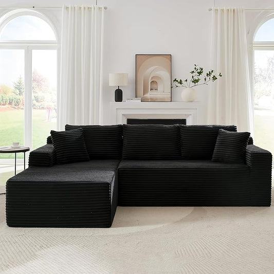 Cloud Sectional Couch 105 Inch Modular Sectional Sofa with Deep Seat Corduroy Boneless Couches with L-Shape Chaise for Living Room Bedroom Left Facing Chaise No Assembly Required (Black)