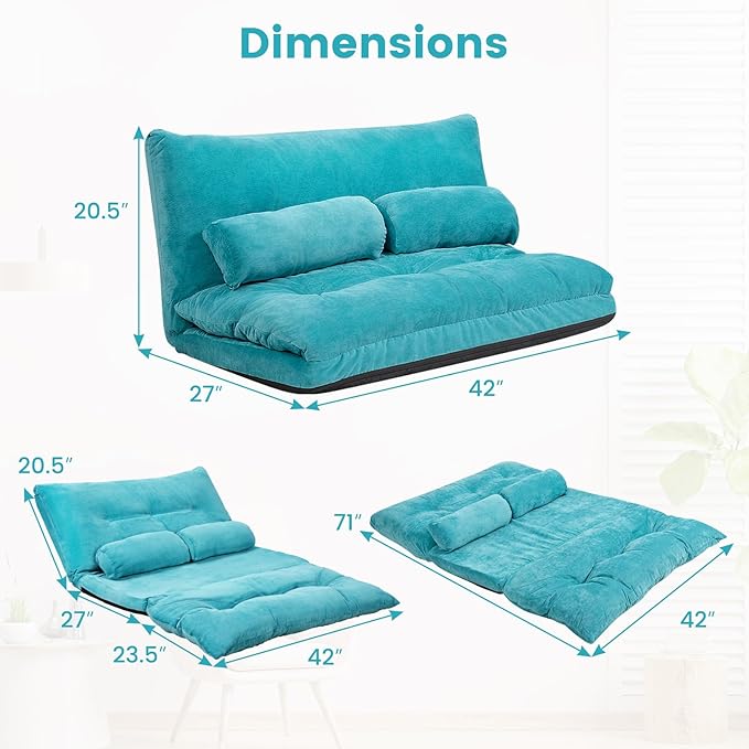 KOMFOTT Foldable Floor Lazy Sofa with 2 Pillows 6-Position Adjustable Reclining Sofa Sleeper Bed Convertible Futon Couch Bed Floor Couch Lounge for Relaxing Reading Playing Gaming (Turquoise)