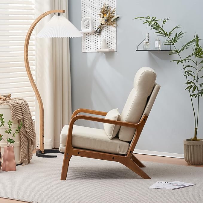 Karl home Accent Chair Mid-Century Modern Chair with Pillow High Back Line Fabric Upholstered Lounge Arm Chair with Solid Wood Frame &amp Soft Cushion for Living Room Bedroom Balcony Beige