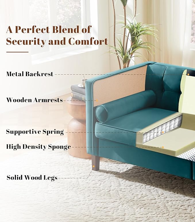 Dreamsir 58'' W Velvet Sofa Mid-Century Love Seats Sofa Furniture with Bolster Pillows Button Tufted Couch for Living Room Tool-Free Assembly (Loveseat Peacock Blue)