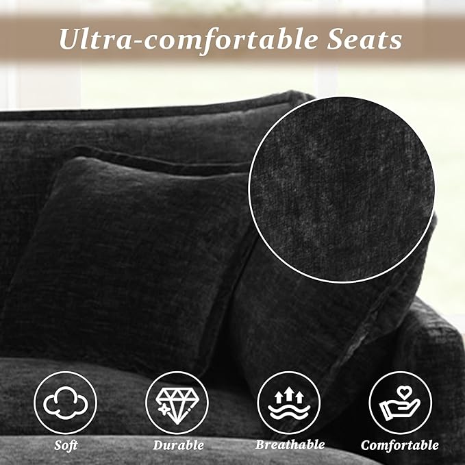 SoarFlash Chenille Sectional Sofa Comfy Modular Single Sofa with Ottoman Modern Recliner Deep Seat Sofa Set for Living RoomBlack