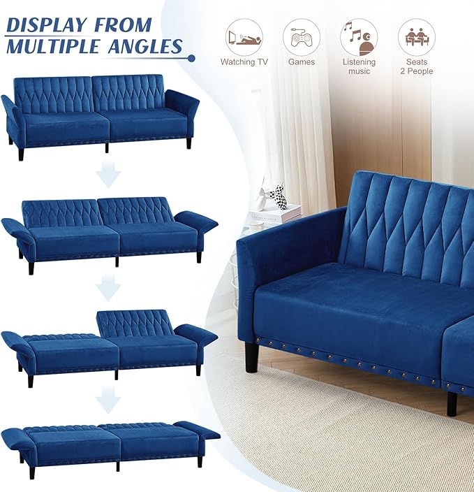 77” Velvet Sofa Bed with Adjustable Armrests and BackrestsTufted Convertible Futon Couch with Nailhead Trim Loveseat Modern Velvet Sleeper Sofa for Living RoomBedroomOfficeBlue