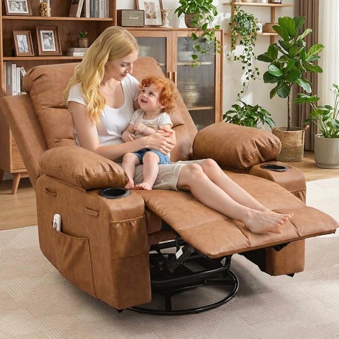 Oversized Swivel Rocker Recliner Chair with Massage &amp Heat 360° Glider with Cup Holders &amp Side Pockets Ergonomic Lounge Sofa for Adults Supports 400 Lbs Perfect for Living Room RV Nurser