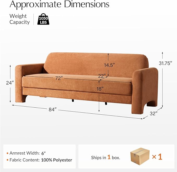 HULALA HOME 84 Modern Curved Sofa Comfy Chenille Couch with Wrapped Armrests 3 Seater Sofa for Living Room Easy to Assemble Orange