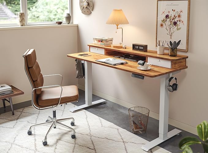 FEZIBO 40 x 24 Inch Height Adjustable Electric Standing Desk with Double Drawer Stand Up Desk with Storage Shelf Sit Stand Desk Light Rustic