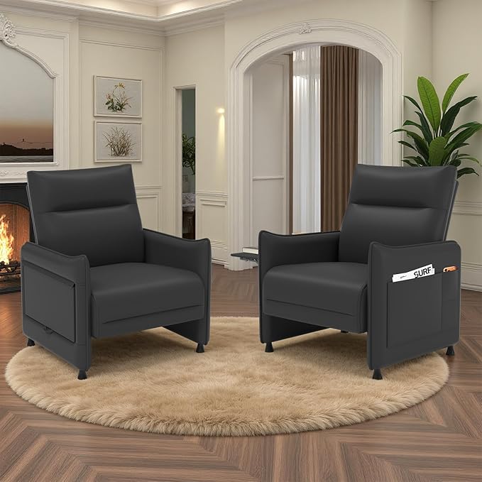 Faux Leather Accent Soft Chairs Set of 2 with Flip-Up Tray Table Side Pocket Ergonomic Soft Backrest &amp Elastic Cushion Modern Accent Chairs for Living Room Bedroom Black