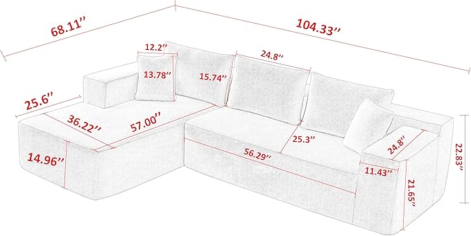 104.3'' L Shaped Sofa Sherpa Fabric Sectional Sofa 3 Seat Modern Upholstered Corner Couch with 2 Pillows Left Hand Lounge for Living Room Office