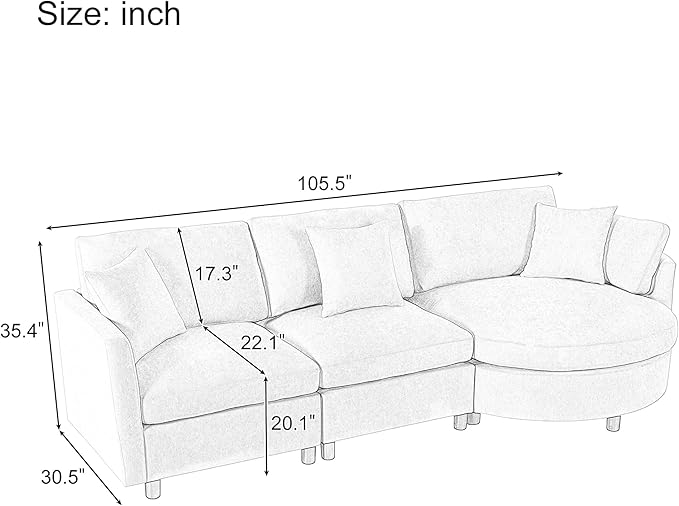105 Modern Modular Sectional Sofa Chenille Fabric 3-Piece Sectional Sofa with Curved Chaise and 3 Throw Pillows Perfect for Living Rooms Offices and Apartments (Grey102)