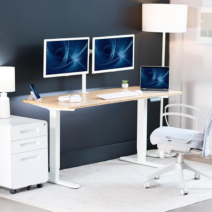 VIVO Electric 60 x 24 in Dual Motor Sit Stand Desk Memory Height Adjustment 2B Series Bamboo Top White Frame DESK-KIT-2W6O