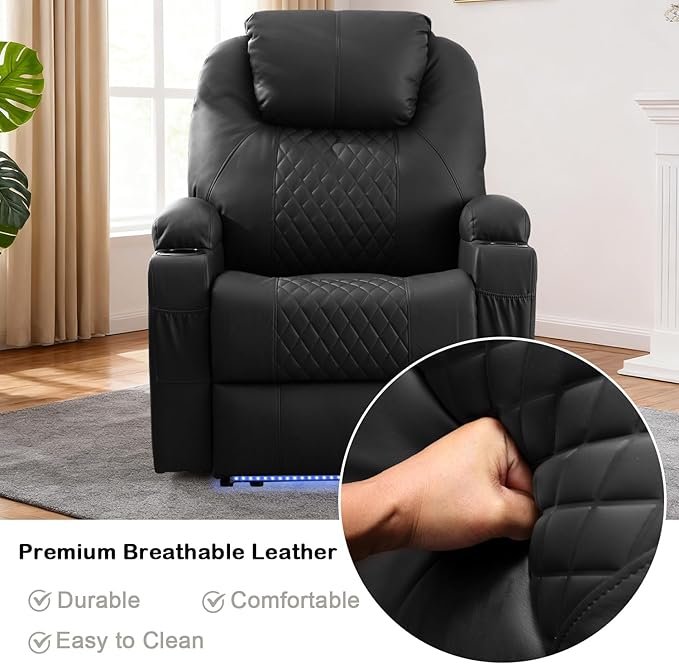 Power Recliner Chair with Heat and Massage for Adults - Home Theater Seating with LED LightsCup HoldersSide PocketUSB Port - Recliner Sofa for Living Room (Black Set of 2)