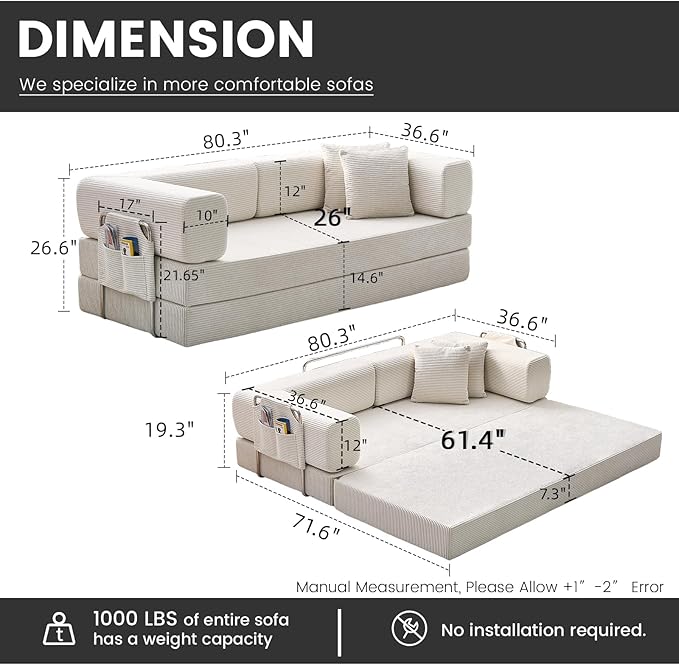 Convertible Sleeper Sofa Bed Corduroy Upholstered Modular Floor Couch Queen/King Size Foldable Futon with futon Memory Foam for Apartment Living Room Bedroom (Off White 80.15)