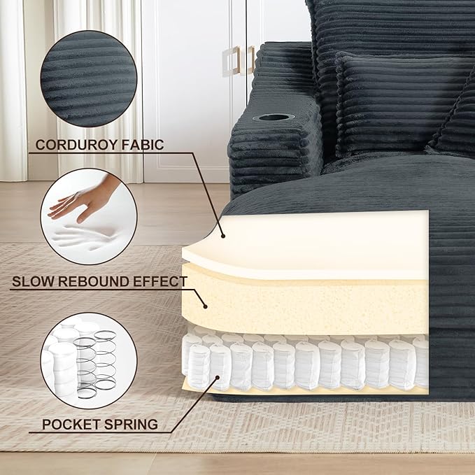 47 Boneless Chair Chaise Lounge: Oversized Comfy Corduroy Upholstered Indoor Couch with Armrets and 3 Pillows for Living Room Bedroom and Apartment Deep Seat Sleeper Sofa Grey