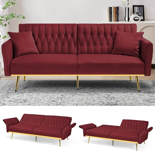 70 Velvet Futon with Adjustable Backrest and Armrests Sofa Bed with Extra Pillows for Waiting Room Living Room and Office Red