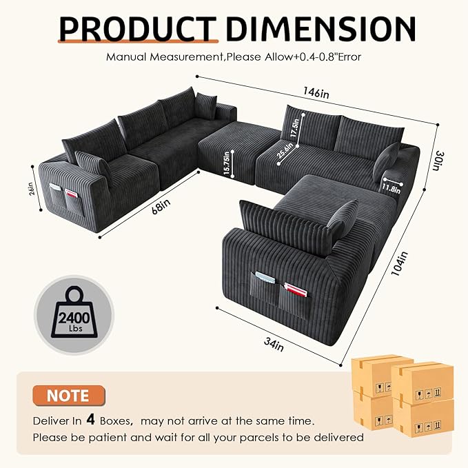146 Oversized Boneless Couch Modular Sectional Couches for Living Room U-Shaped Deep Seat Chaise with Side Pockets No Assembly Required Plush Corduroy Fabric Sleeper Sofa Dark Gray