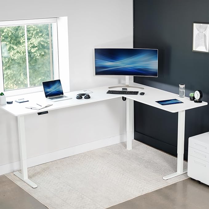 VIVO Corner Standing Desk 84 x 63 inch Reversible L-Shaped Workstation Electric Height Adjustment Home Office and Reception Rooms White Table Top White Frame DESK-E3CTWW-84