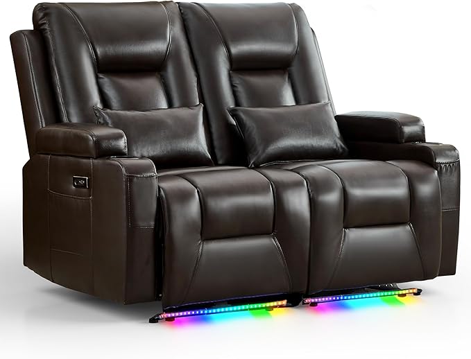 URRED Power Loveseat Recliner Sofa Wall Hugger Reclining Loveseat RV Couch with LED Light USB Ports Cup Holders and Side Pockets for Home Theater Faux Leather - Dark Brown
