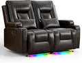 URRED Power Loveseat Recliner Sofa Wall Hugger Reclining Loveseat RV Couch with LED Light USB Ports Cup Holders and Side Pockets for Home Theater Faux Leather - Dark Brown