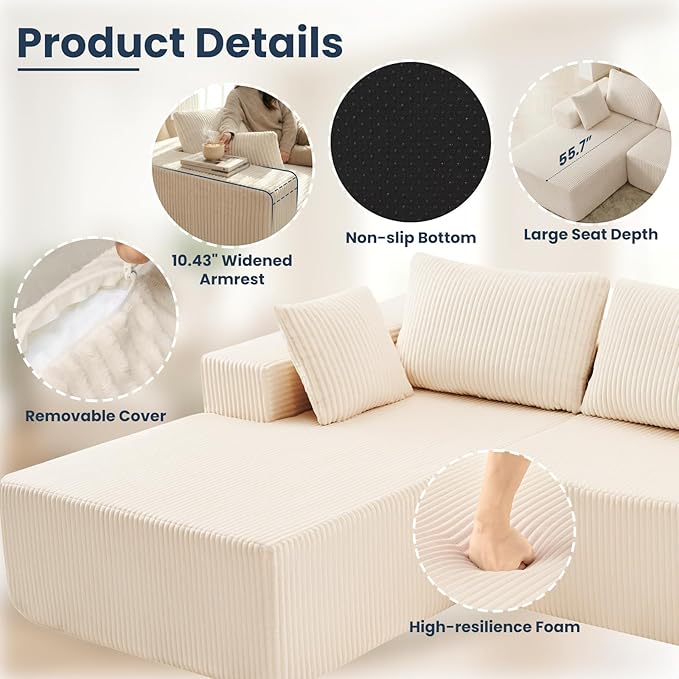 DUMOS 108 Boneless Couch Cloud Sectional Couch with L-Shape Chaise Modular Sectional Sofa with Deep Seat Upholstered Couch for Living Room Bedroom No Assembly Required (Beige Left Facing Chaise)