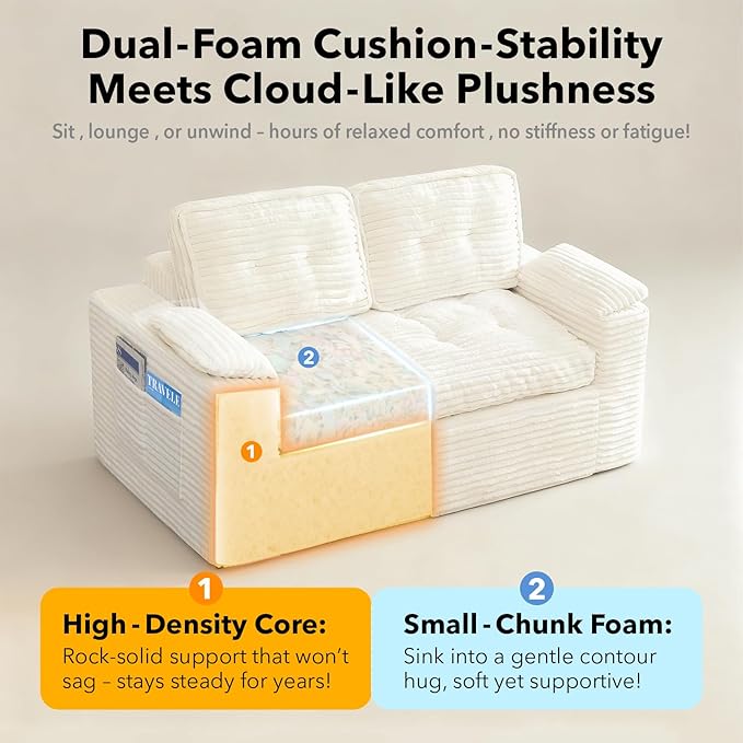 Boneless Loveseat 2 Seater Deep Seat Loveseat Sofa with Wide‑Wale Corduroy for Small Spaces &amp Living Room 60” Width No Assembly Washable Cover Beige