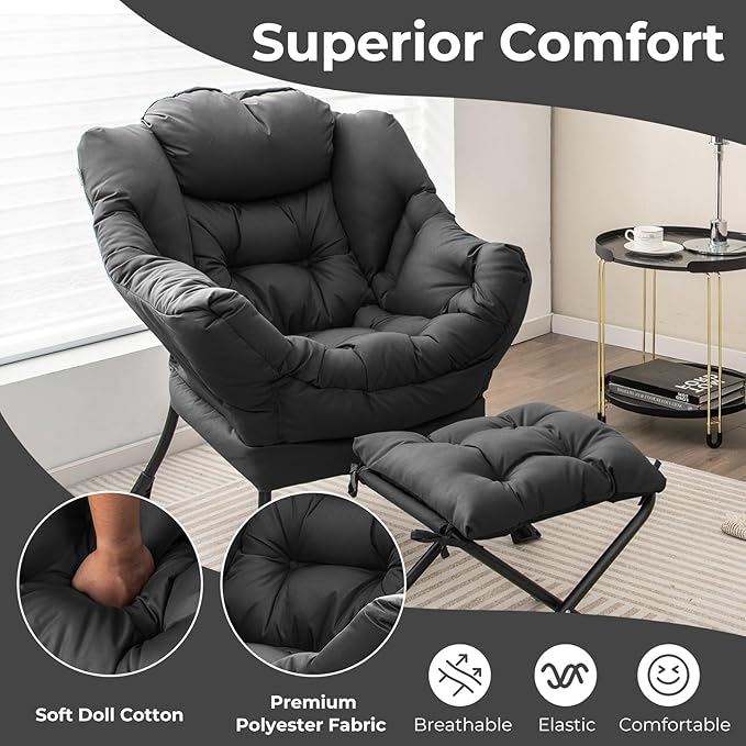 Single Lazy Sofa Chair w/Foldable Ottoman Modern Lounge Chair Indoor w/Armrest &amp Side Storage Pocket Upholstered Comfy Reading Chair for Bedroom Living Room Office