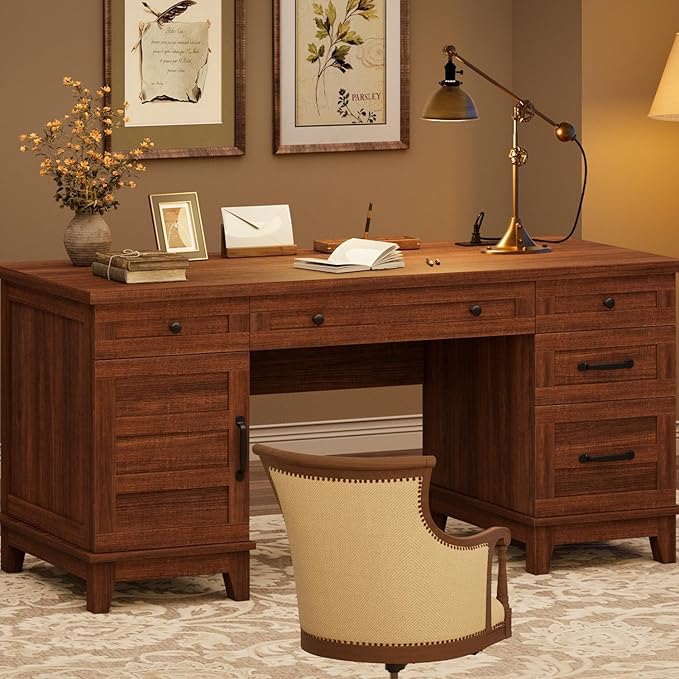 60 Inch Farmhouse Computer Desk with Charging Station &amp File Cabinet Wooden Office Desk with Power Outlets USB Ports and Ample Storage Drawers for Home Workspace Executive Writing Table.