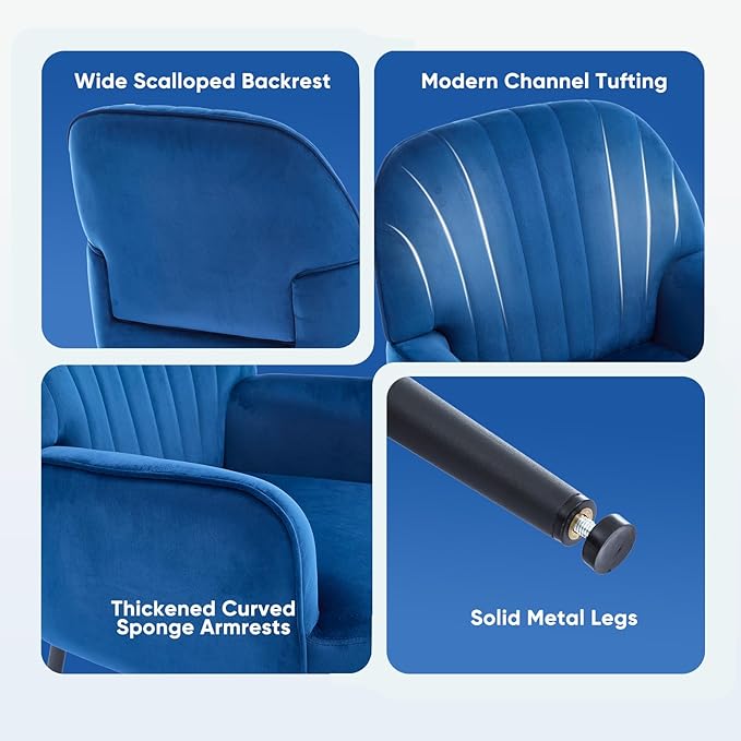 Velvet Accent Chair Upholstered Modern Leisure Single Sofa Side Living Room Chair Comfy Tufted Back Armchair with Metal Legs for Waiting Room/Bedroom/Office/Reading Room Blue