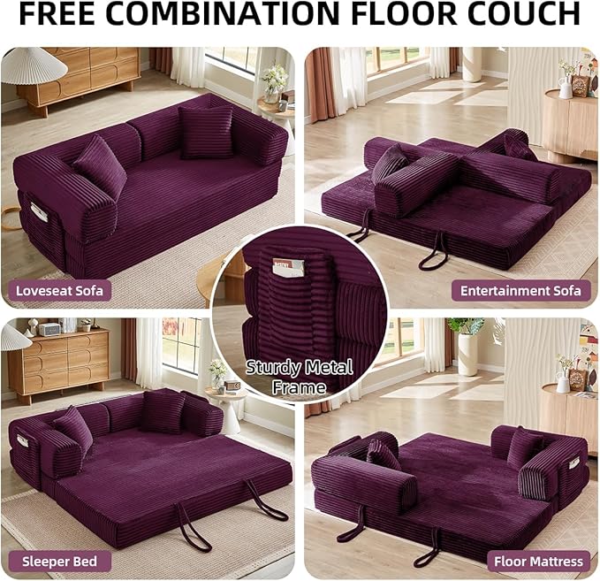 Convertible Folding Sofa BedFold Out Floor Sofa Couch with Fixed-Shape FrameCorduroy Foldable Mattress Cloud Couch for Living Room Bedroom (Purple-1 81 Inch)