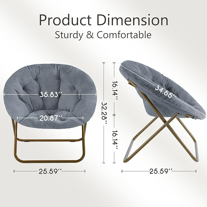 Simple Deluxe Cozy Chair Faux Fur Saucer Chair for Bedroom Comfy Foldable Moon Chair Round Fluffy Chair for Living Room Fuzzy Saucer Chairs for Adults Room Gray