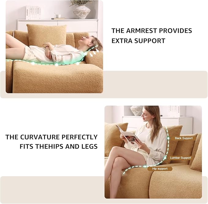 Camel U-Shaped Cloud Couch with 2 Ottomans Modern Teddy Fabric Boneless Sectional Sofa in a Box for Living Room Modular Floor Couch Deep Seat No Assembly Required Sofas para Sala