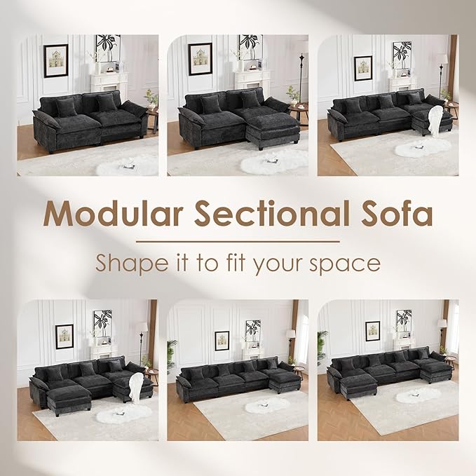 117.3 Modern Chenille Modular Cloud Sofa 3 Seater L Shaped Couch with Movable Ottoman Featuring Deep Seats and Pillows Easy Assembly Comfy Couches for Living Room Black