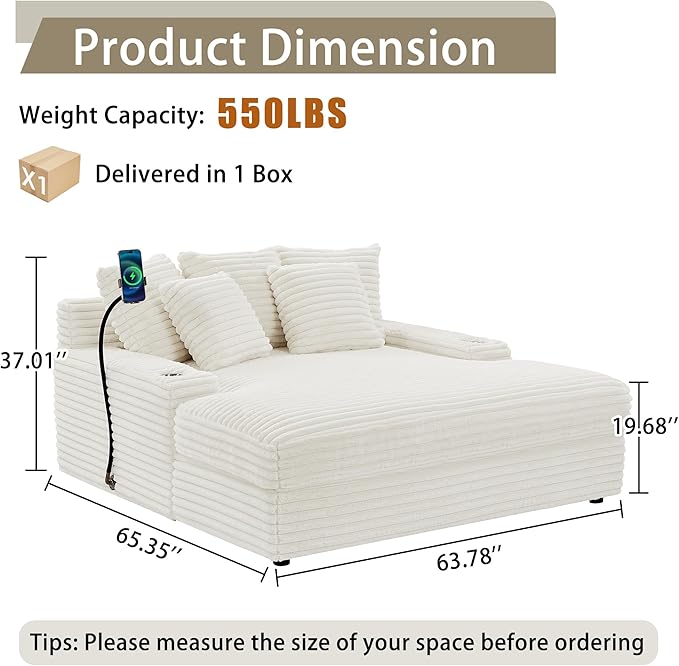 65.35 Oversized Chaise Lounge Chair for 2 Upholstered Sleeper Sofa Bed with Cup Holders | Charging Station | Removable Backrest | Backrest Pilow Fluffy Chair Sofa Couch for Living Room Beige