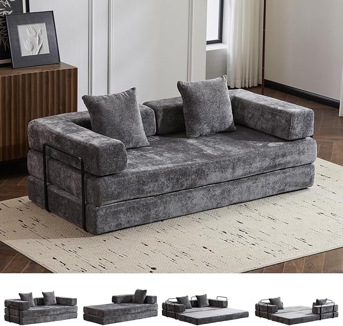 4-in-1 Convertible Folding Sleeper Sofa Bed Fold Out Floor Sofa Couch with Fixed-Shape Frame Cloud Corduroy Foldable Mattress Couch for Living Room Bedroom (78.5 Chenille Dark Grey)