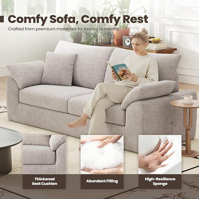 90 Boneless Loveseat Sofa Cloud Foam Couch 3 Seater Upholstered Midcentury Mondern Love Seat Wide Armrest and 4 Pillows for Home Living Room/Small Spaces No Assembly Required Camel