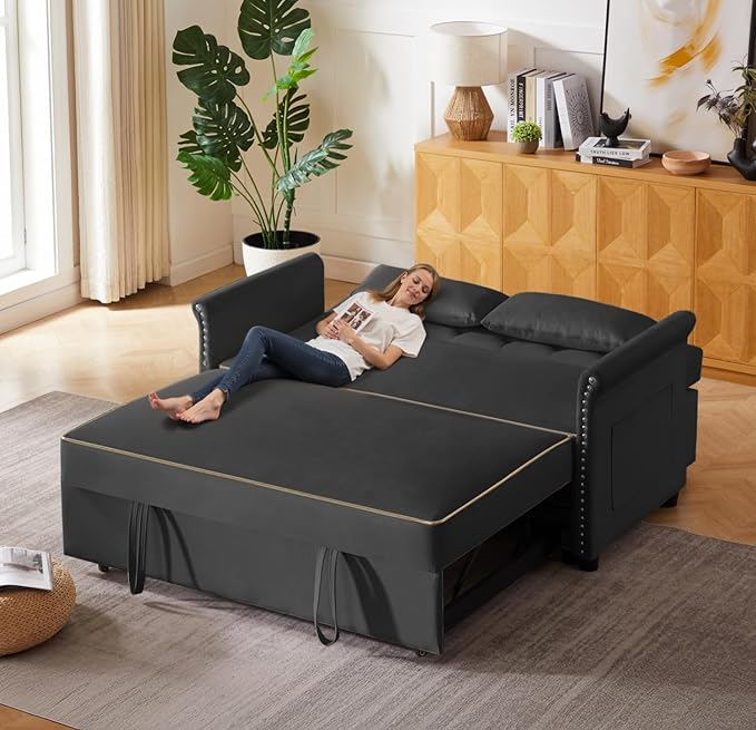 57-Inch Velvet Full Size Sleeper Sofa Couch with Pullout BedConvertible Pull Out with Golden Decorative Strip and Adjustable Backrest for Small SpacesApartment Guest Room RV (Black)