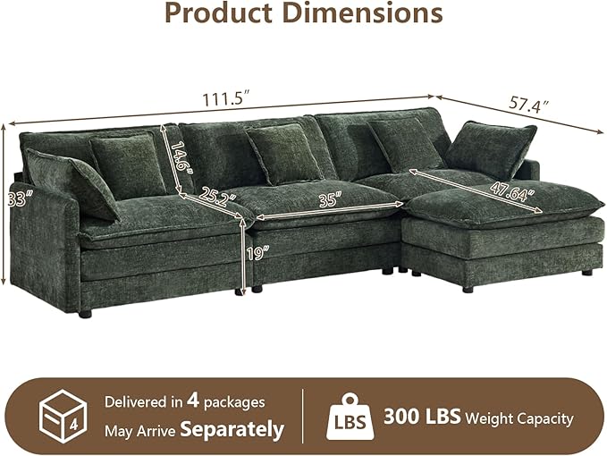 Modular Sectional Sofa Deep Seat Chenille L Shaped Couch with Throw Pillows &amp Movable Ottoman 3 Seater Comfy Cloud Sectional Couches for Living Room Bedroom Apartment Green
