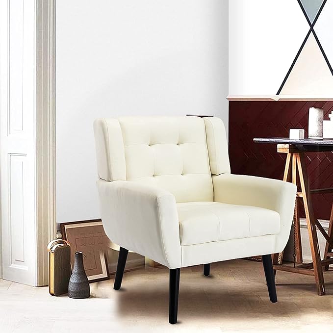 SSLine Linen Accent Arm ChairMid-Century Modern Upholstered Wingback Single Sofa Armchair Club Chair with Solid Wood Legs Thick Cushion for BedroomReadingLiving Room Chair (Beige)