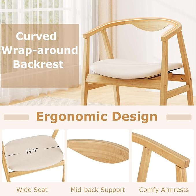 GOFLAME Bamboo Accent Chair Set of 2 Mid-Century Modern Armchair with Padded Seat Curved Backrest and Wrap-Around Armrest Upholstered Reading Chair Leisure Chair for Living Room Bedroom